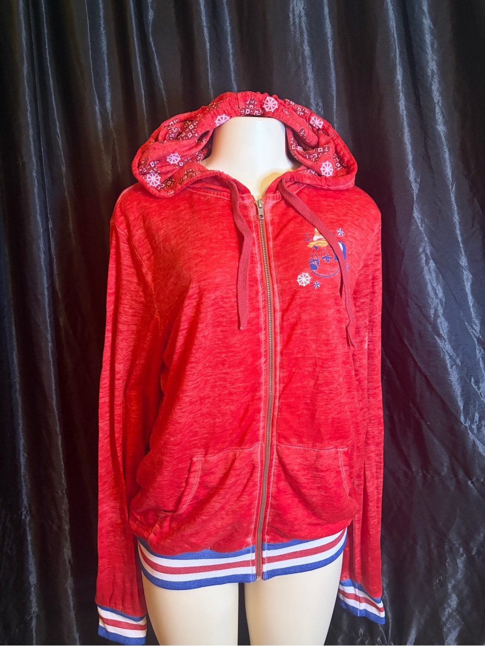 Women's Red Zip-Up Bomber Hoodie with Embroidered Accent